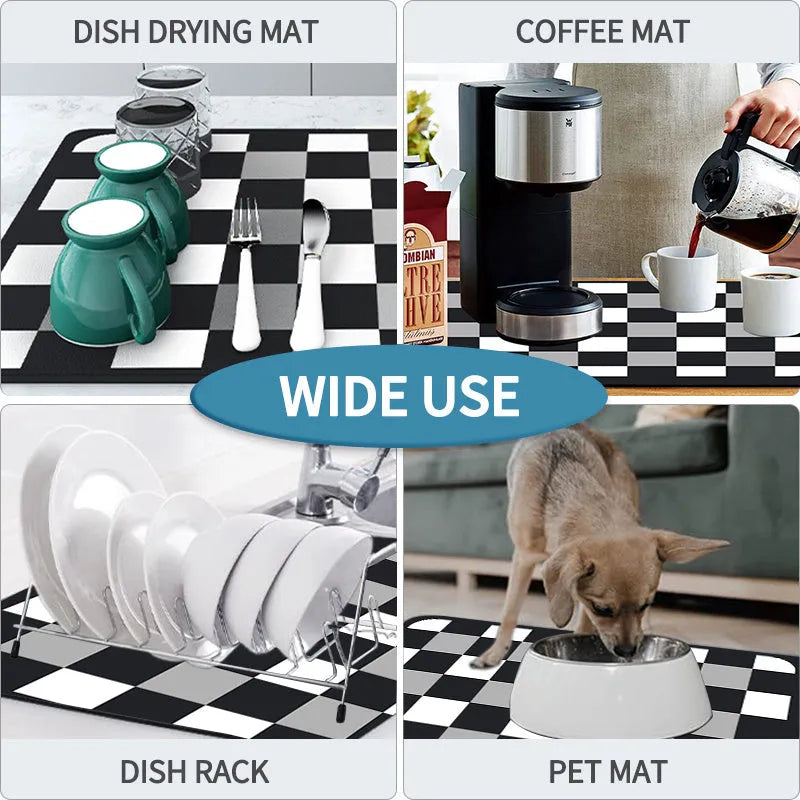 Black square super absorbent PU leather kitchen drain pad drying mat with anti-slip backing on a countertop.