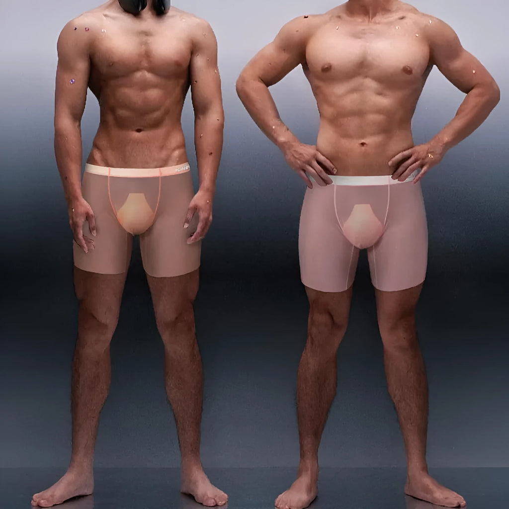Seamless men's nylon boxer shorts in orange, pink, and red colours for exercise