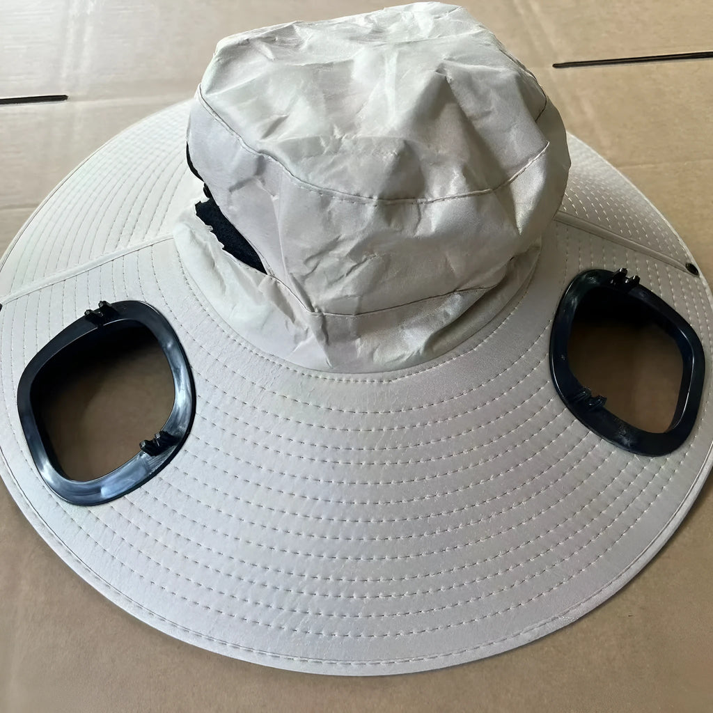 Men's grey solar fan cap with large sun-shading brim and integrated cooling fan