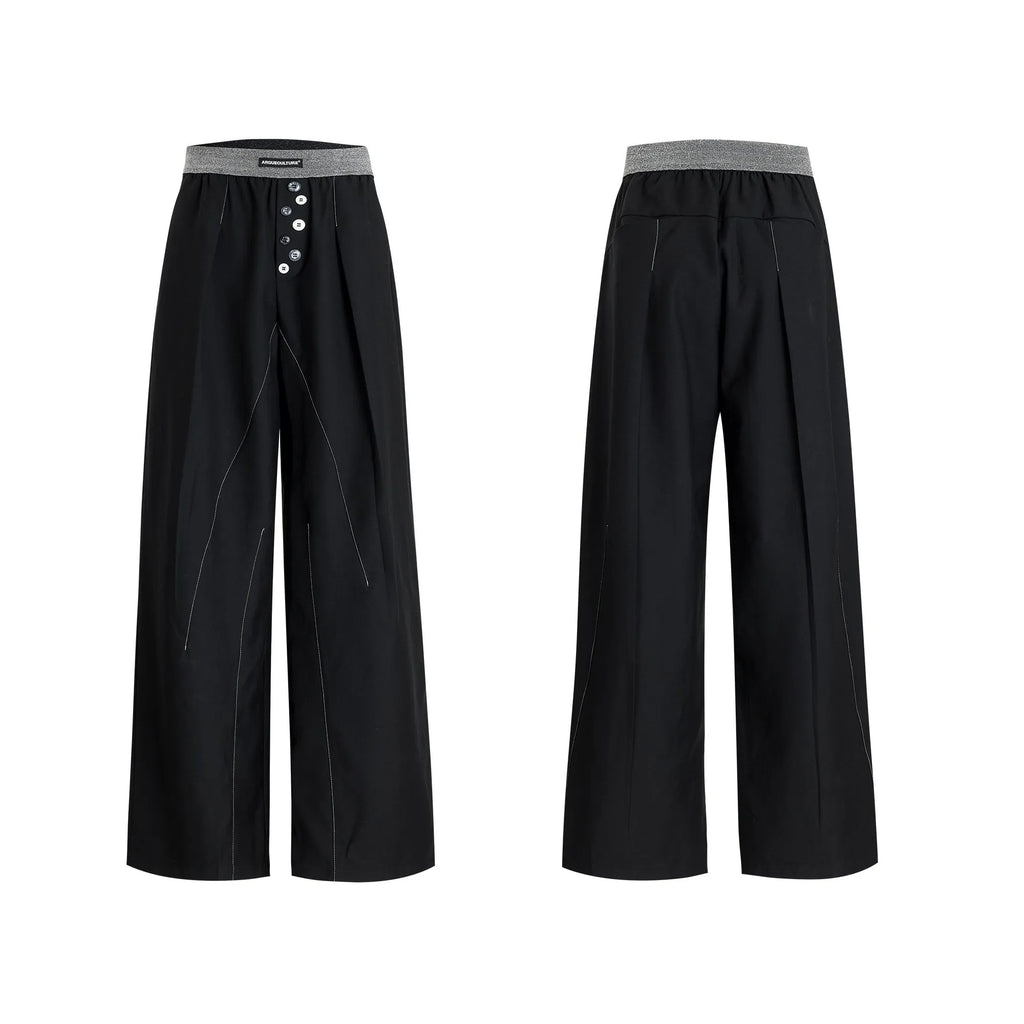 Straight-leg casual trousers with high waist and button-open line detail in black colour