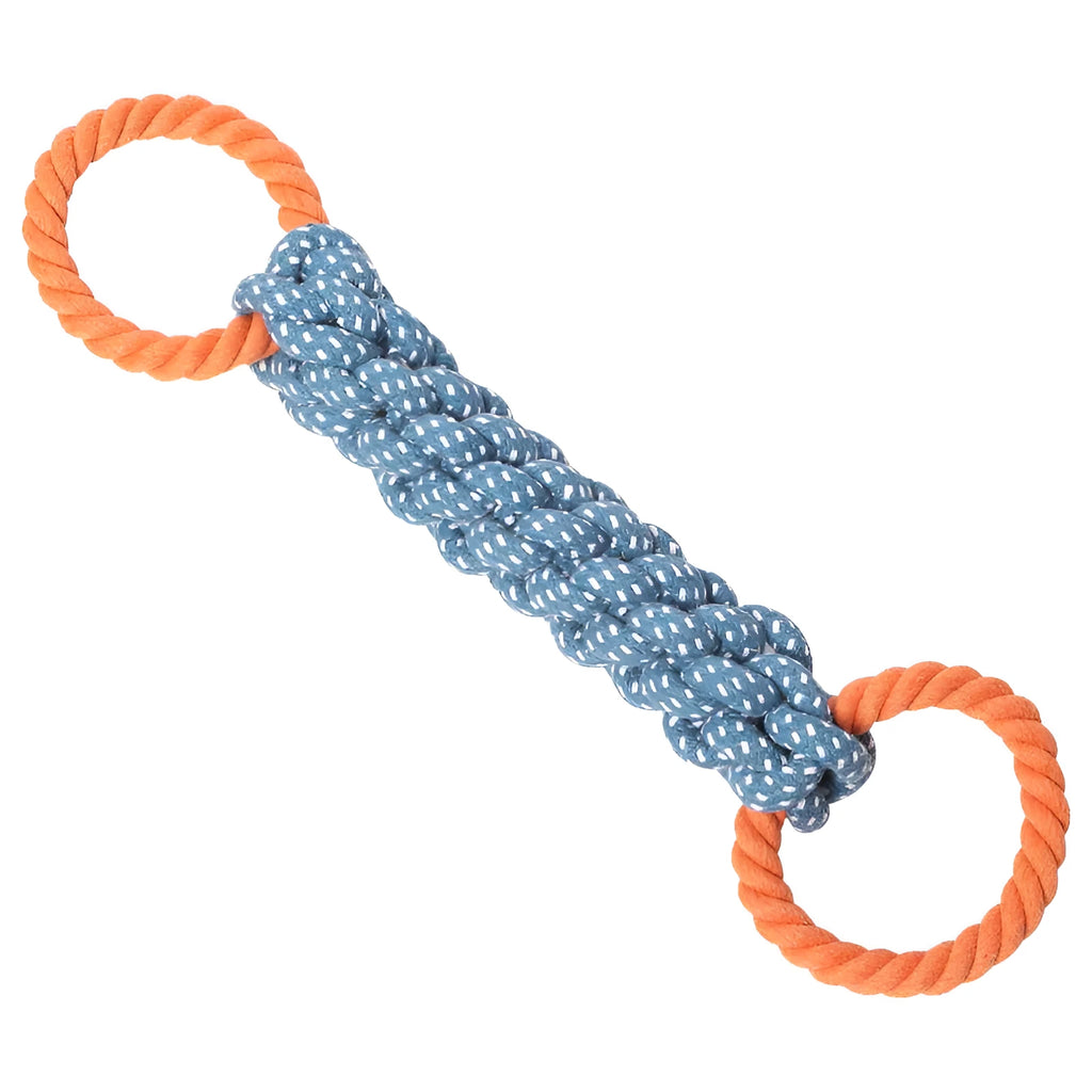 Blue braided cotton bone rope dog toy with double rings for interactive play