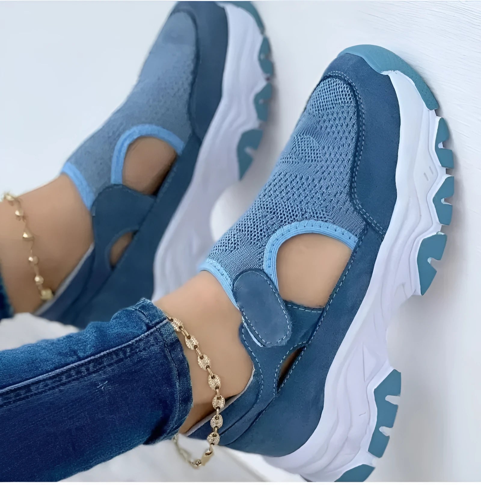 Women's mesh sport shoes with flat heel, round toe, Velcro fastening, and breathable mesh upper in solid colour