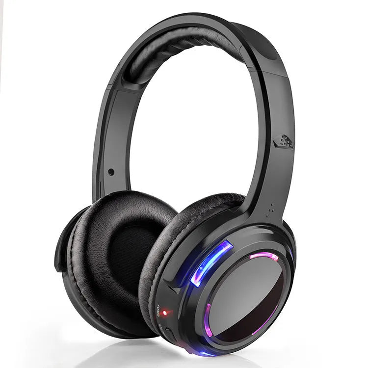 Black wireless silent disco headphones with LED light-up disco ball design on headset