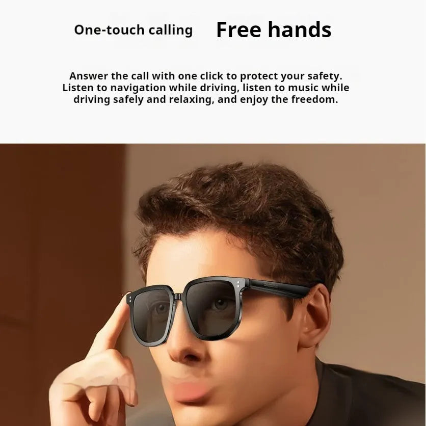 Black AI smart glasses with Bluetooth audio, UV protection lens, and touch controls on the frame.