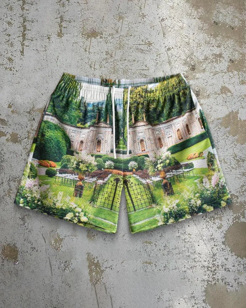Men's quick-drying digital print beach shorts in milk silk polyester fabric, loose fit with micro elasticity