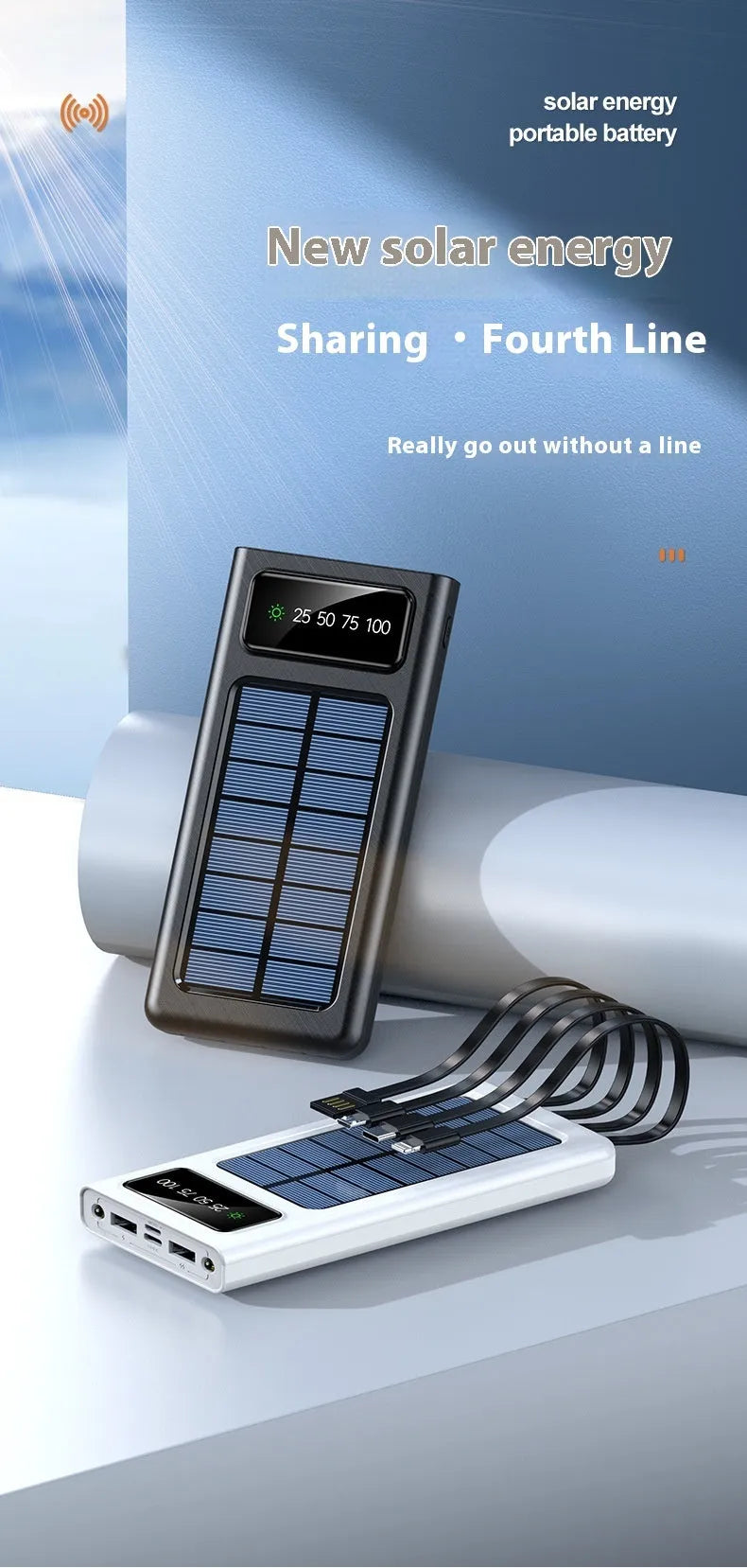 Black and white solar power bank with 20000 mAh capacity and charging cables