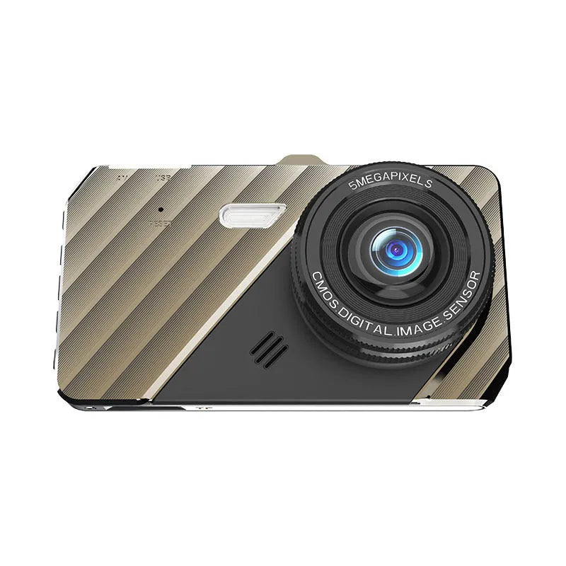 4 inch front and rear dual lens dash cam with touch screen display showing vehicle footage