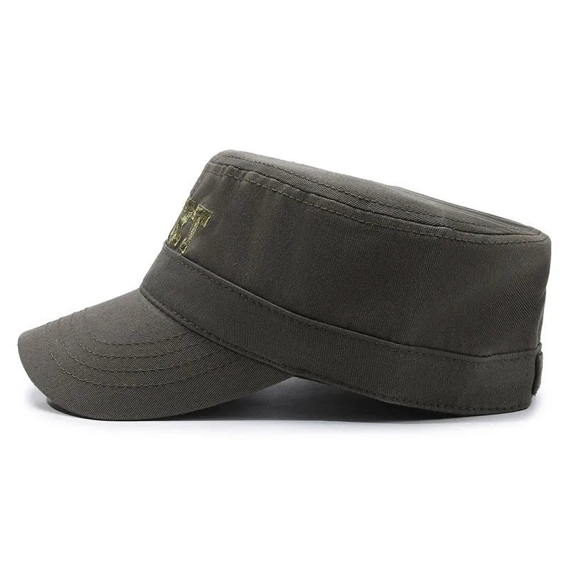 Men's flat-top cotton peaked cap with an adjustable strap in army green colour.