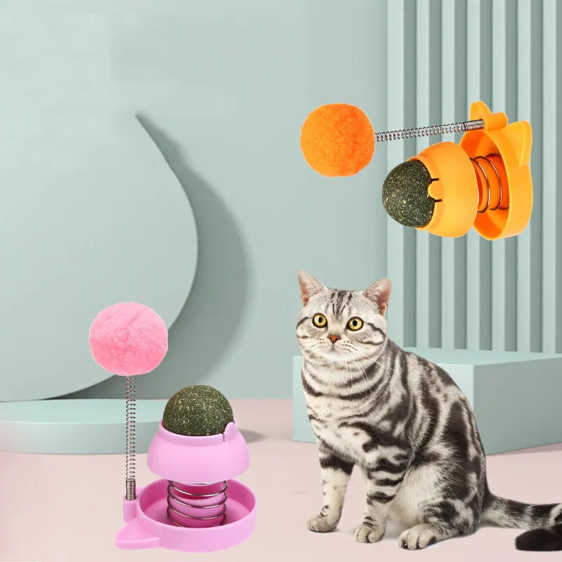 Blue self-moving cat toy with mint ball for teeth cleaning and hair removal, 55mm diameter.