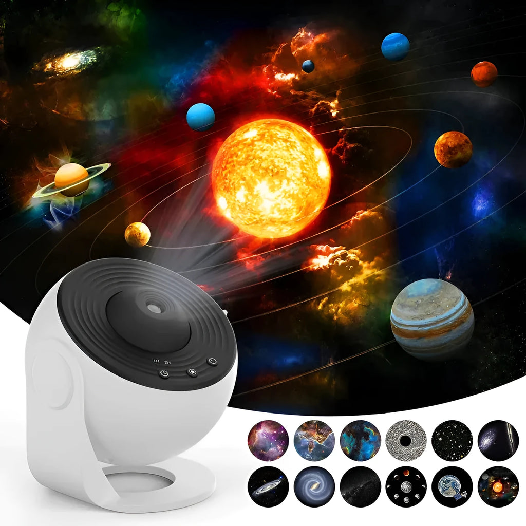 Black and white galaxy projector night light with 360-degree rotation, showing a starry sky film projection on a ceiling