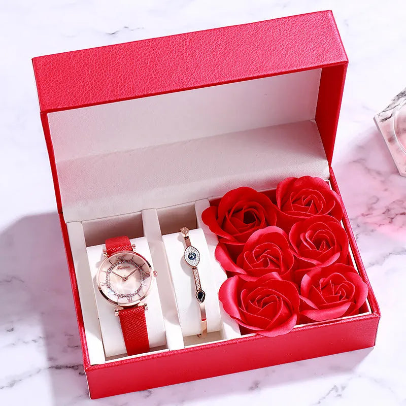 Women's quartz wrist watch with round alloy case, sapphire crystal glass, genuine leather strap, and onion crown