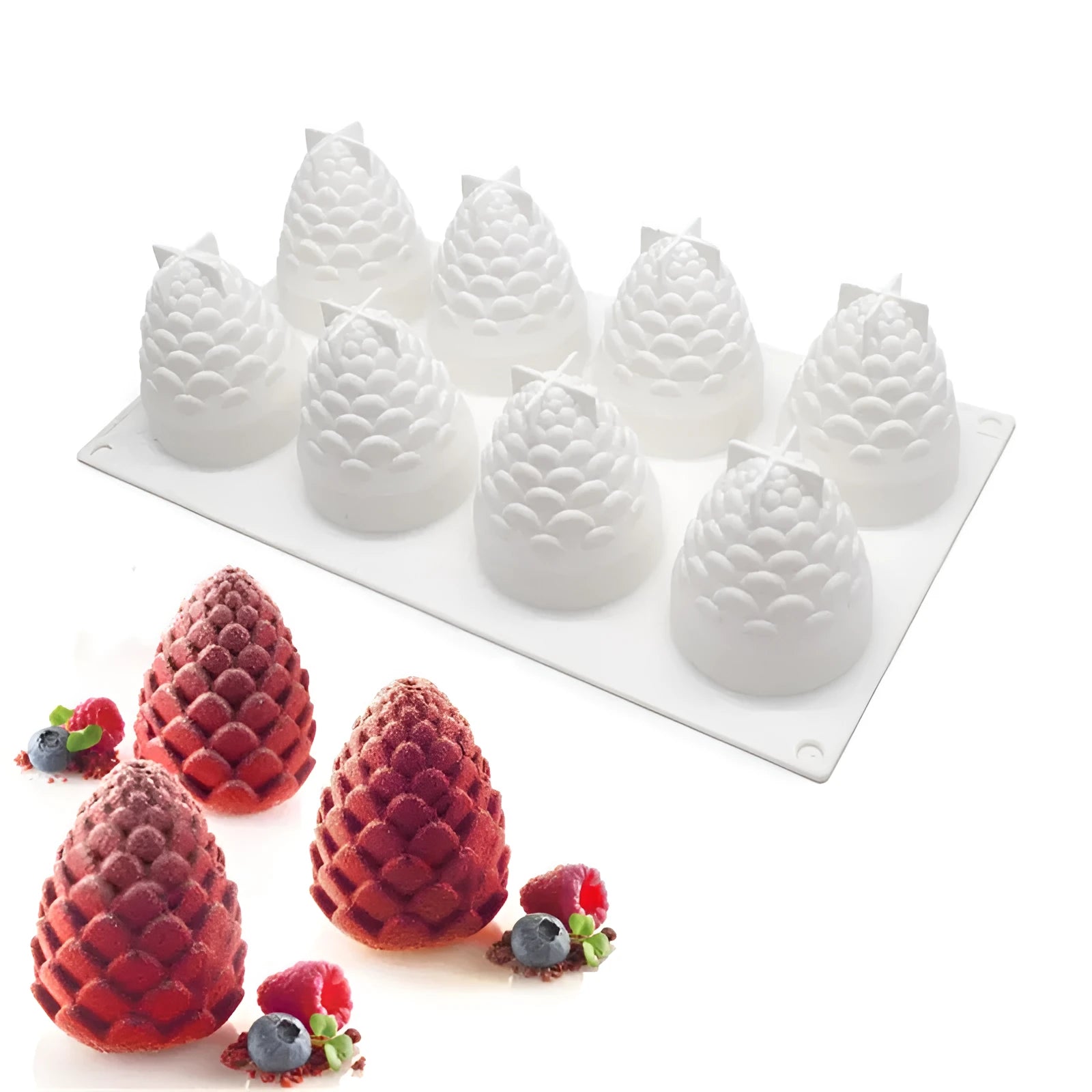Silicone mould with six cavities shaped as pineapple, pine cone, and pear for baking desserts.