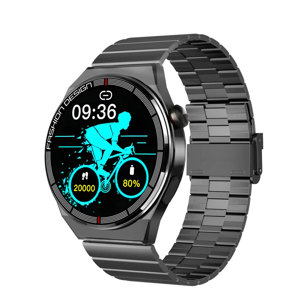 Black smartwatch with 1.28-inch screen on a silicone strap, showing health metrics display.