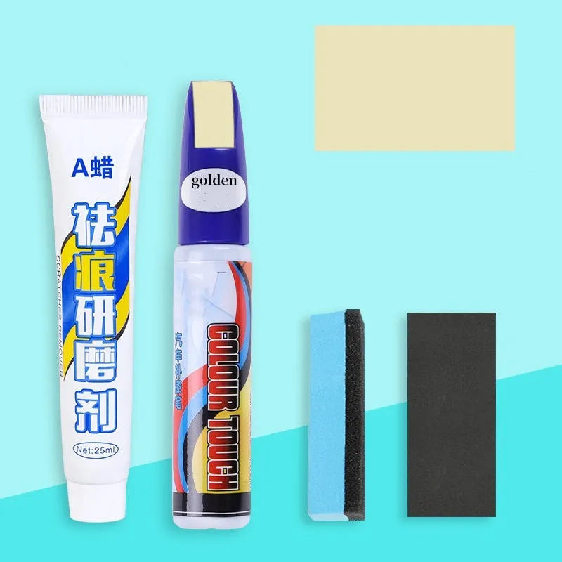 Automotive paint repair pen kit with touch-up fluid, wax, sponge, and sandpaper for car scratch repair.
