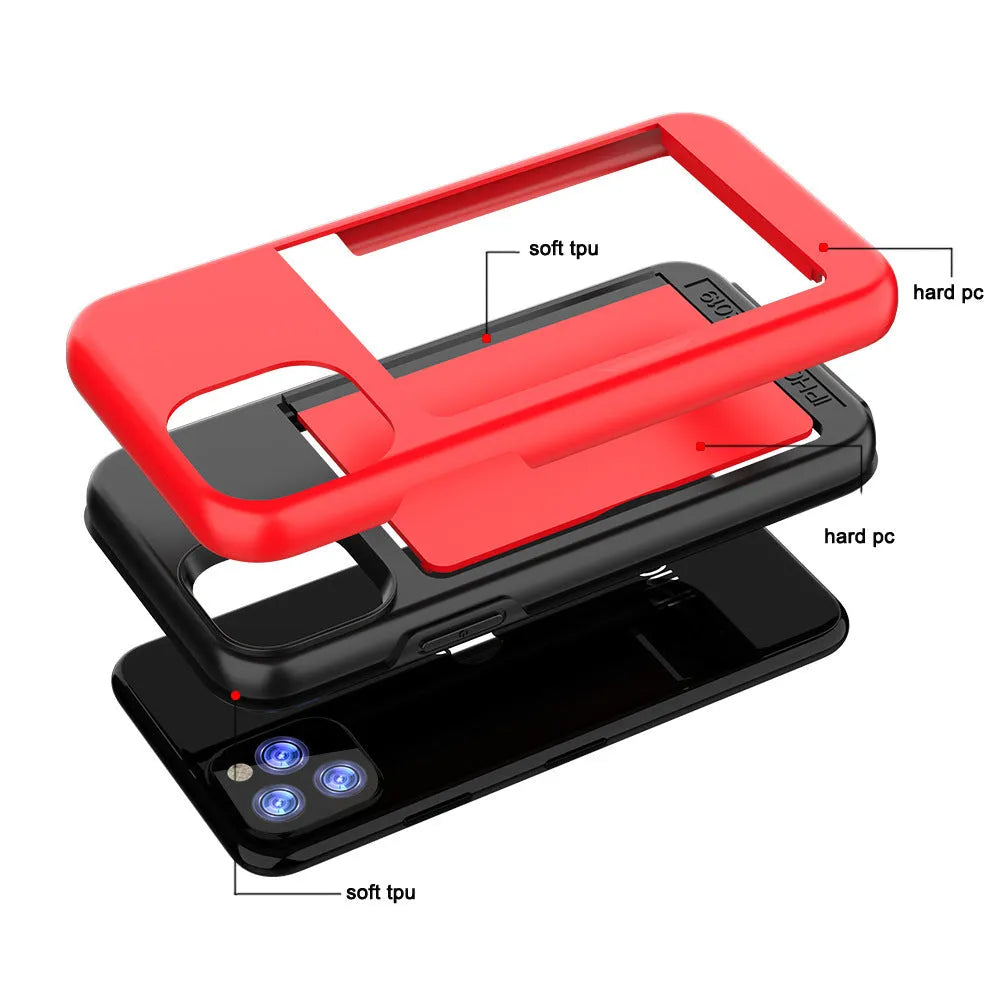 iPhone 11 protective case in six solid colours: black, red, pink, dark blue, blue, and purple.
