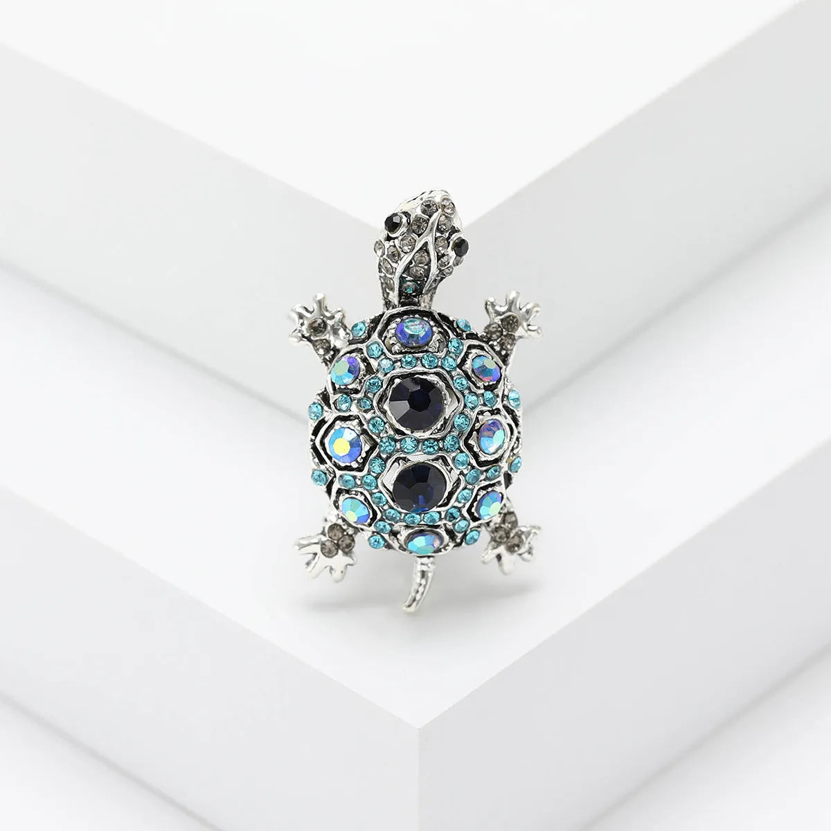 Retro style turtle brooch with rhinestone detailing in blue, green, or red colour options