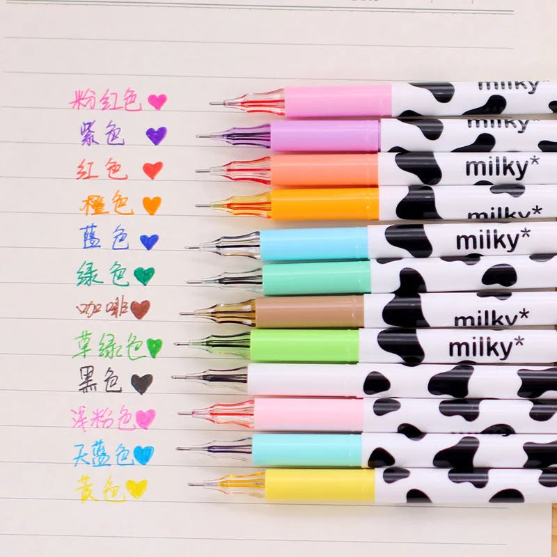 Set of 12 cow-colour gel pens with 0.38mm fine tips and plastic barrels.