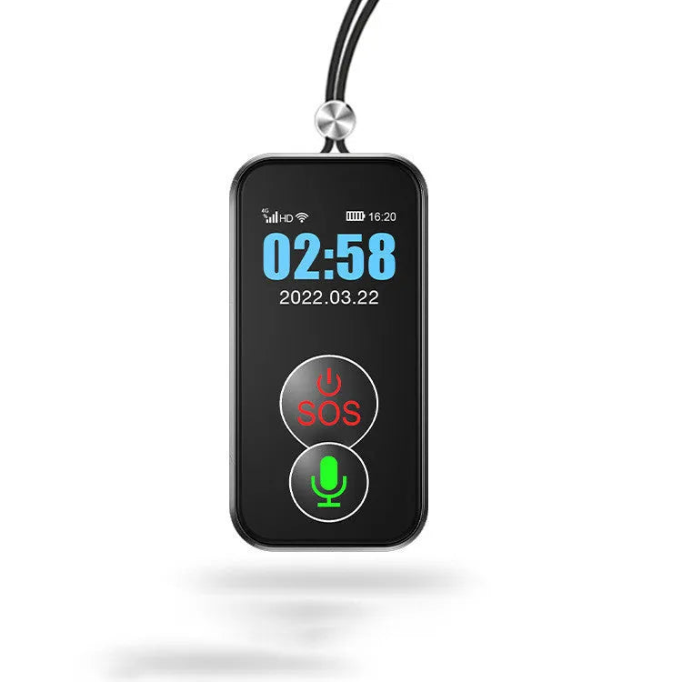 Black 4G GPS child positioning device with PC+ABS casing and display showing map interface
