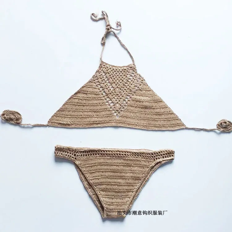 Hand-woven hook front bikini set in khaki and white, bra top with front closure and woven texture, matching underpants