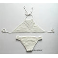 Hand-woven hook front bikini set in khaki and white, bra top with front closure and woven texture, matching underpants