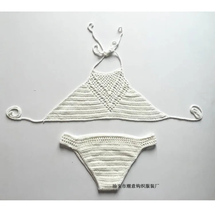 Hand-woven hook front bikini set in khaki and white, bra top with front closure and woven texture, matching underpants