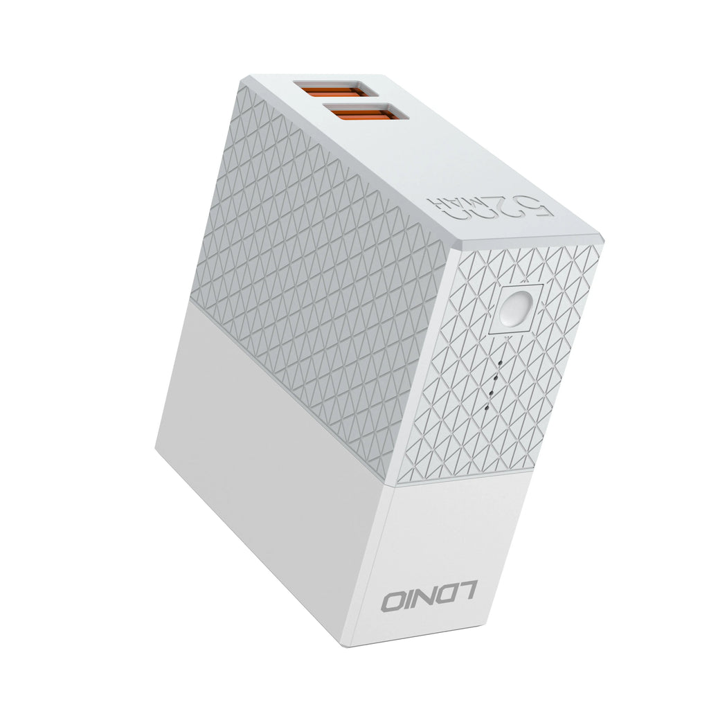 White two-in-one mobile power bank charger with built-in plug measuring 71.5mm