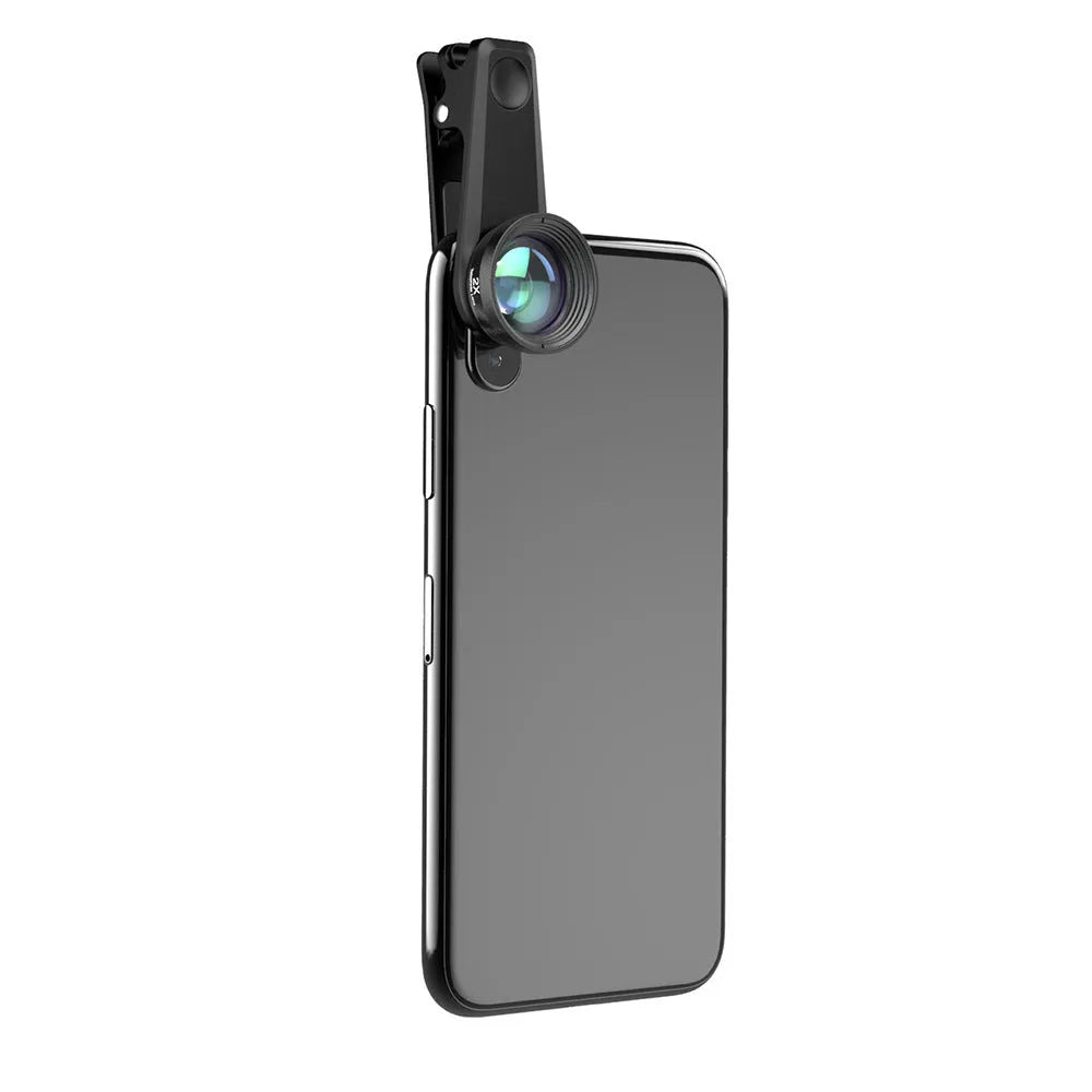 Black 6-in-1 smartphone camera lens kit with fisheye, macro, wide-angle, telephoto, CPL and star filter lenses on universal clip.