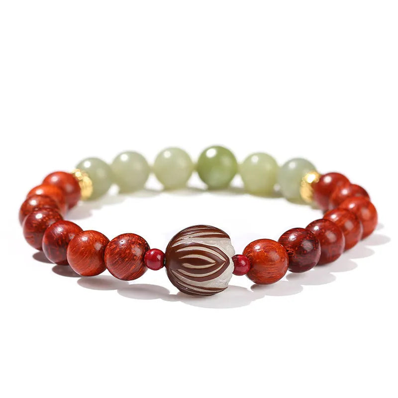 Chinese style red rosewood and gray jade bracelet with Bodhi Lotus design and 8 round beads.