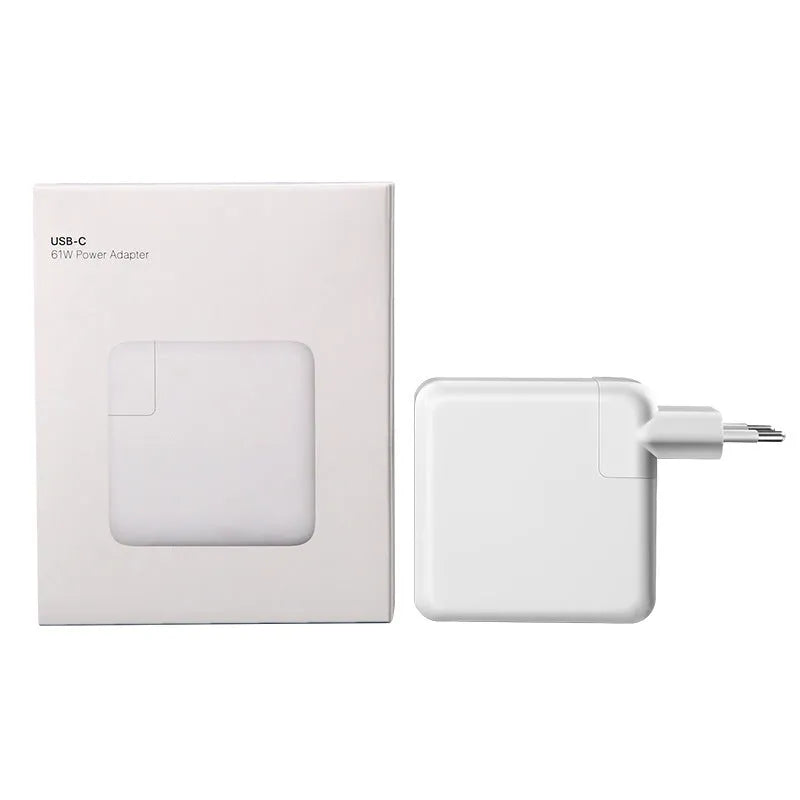 Laptop power adapter with choice of international plugs and a USB-C to USB-C cable.