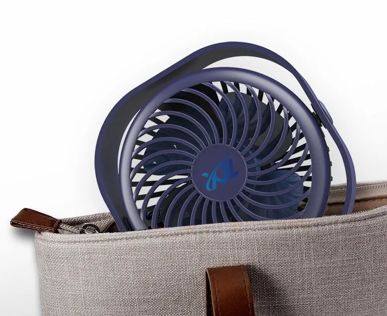USB-powered desk fan with alarm clock in modern design, showing 360-degree rotation head in blue colour