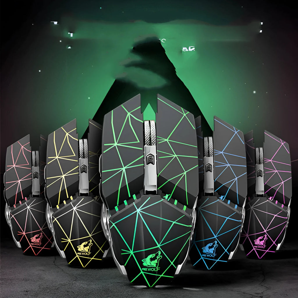 Black rechargeable wireless gaming mouse with six buttons and ergonomic shape on a desk