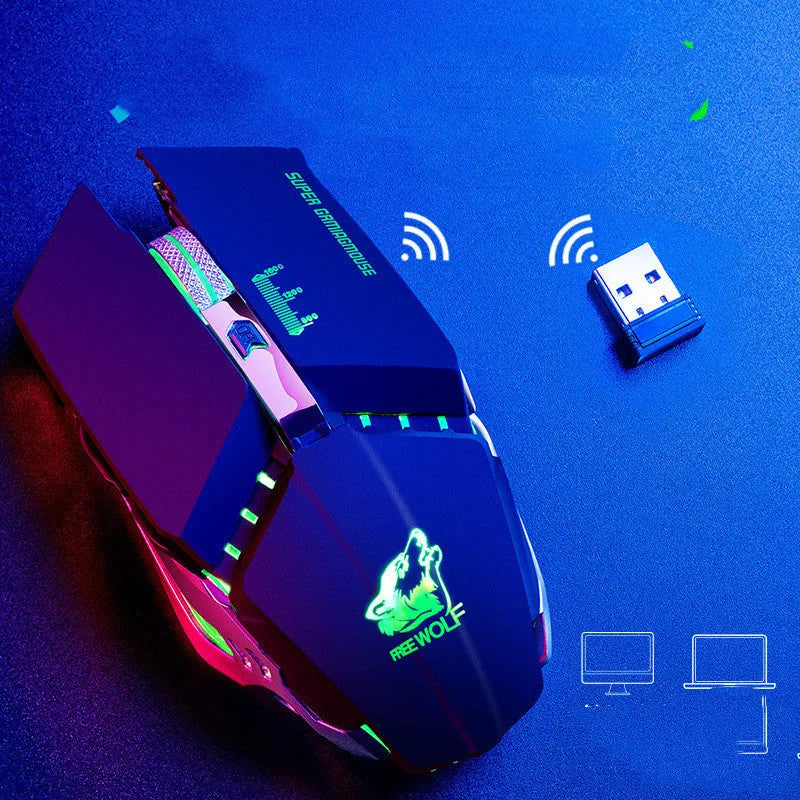 Black rechargeable wireless gaming mouse with six buttons and ergonomic shape on a desk