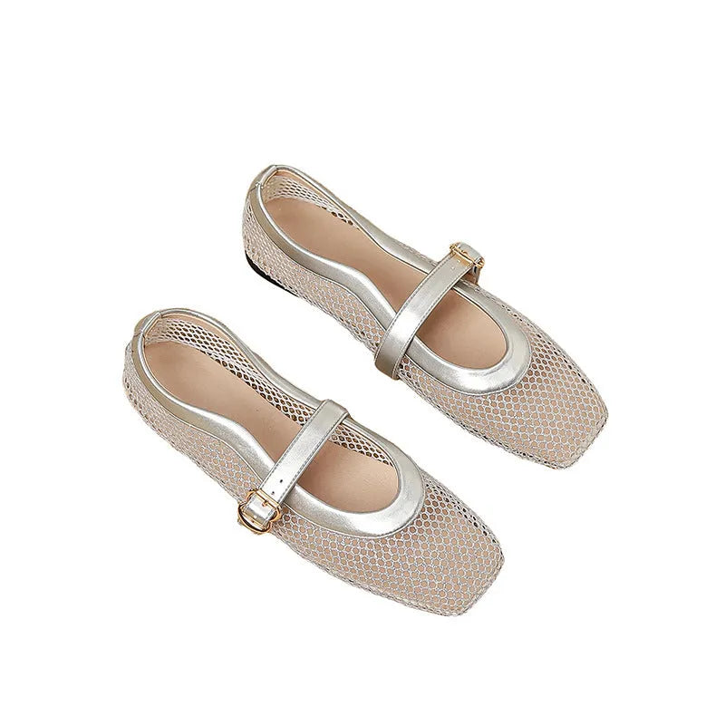 Women's beige mesh summer pumps with square toe and buckle closure showing breathable upper design