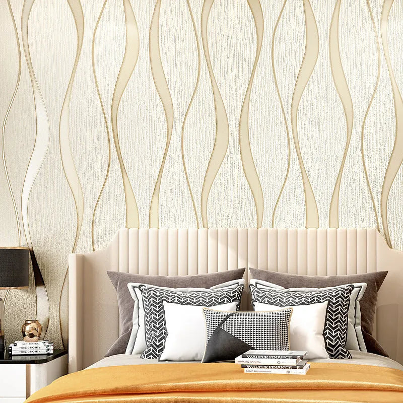 Close-up of dark brown curve stripe 3D wallpaper with a textured velvet surface.
