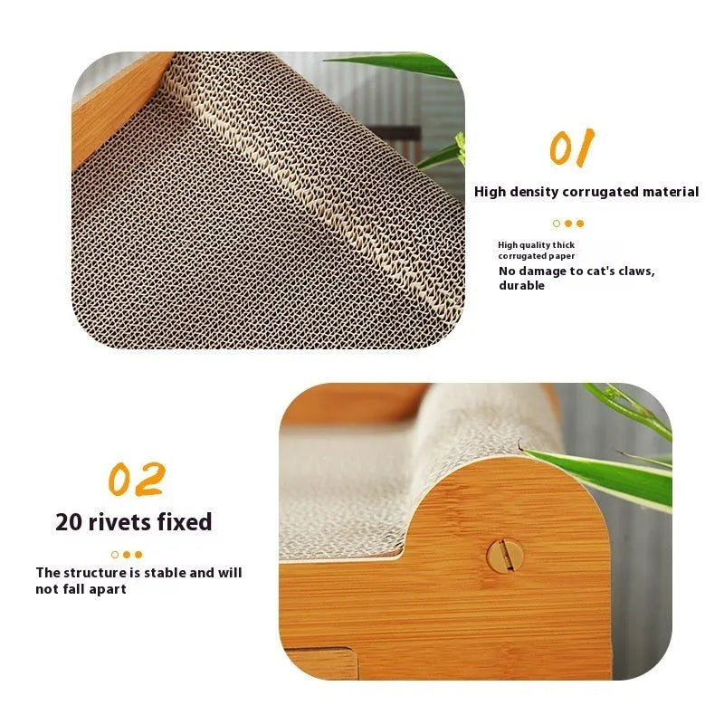 Double-layer corrugated paper cat house with scratching surfaces and dual ball-shaped door entries