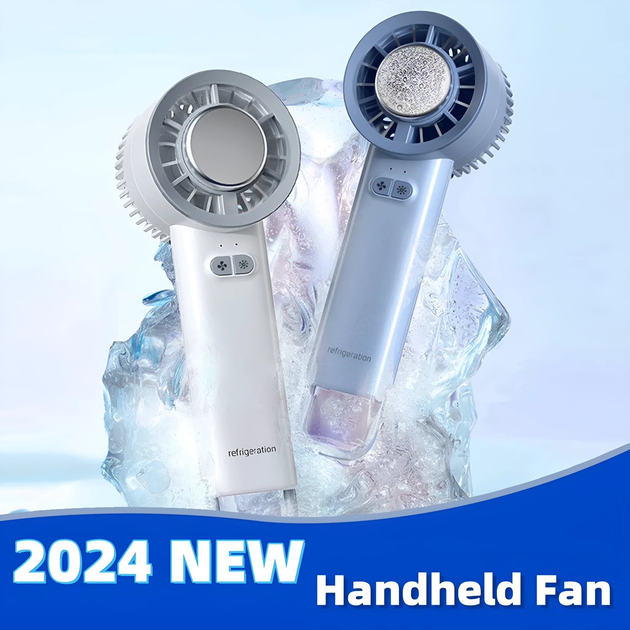 White handheld turbo fan with touch controls, showing compact duct design for personal cooling.