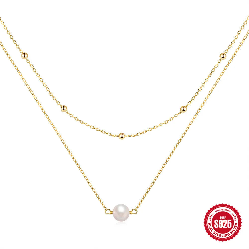 Sterling silver double layer women's necklace with twin pearls and ball bead chain