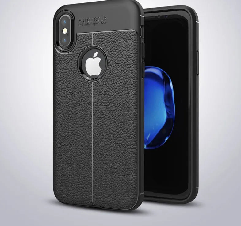 Black WeFor PU leather texture slim case fitted on a OnePlus 6 phone, showing the included screen protector.