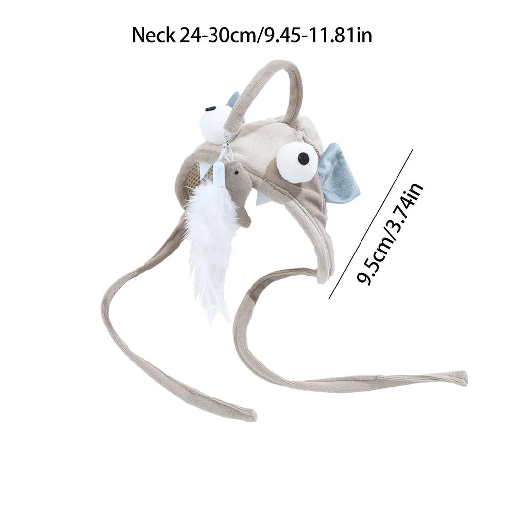Grey big eye fish design cat toy with feather head teaser and adjustable neckband