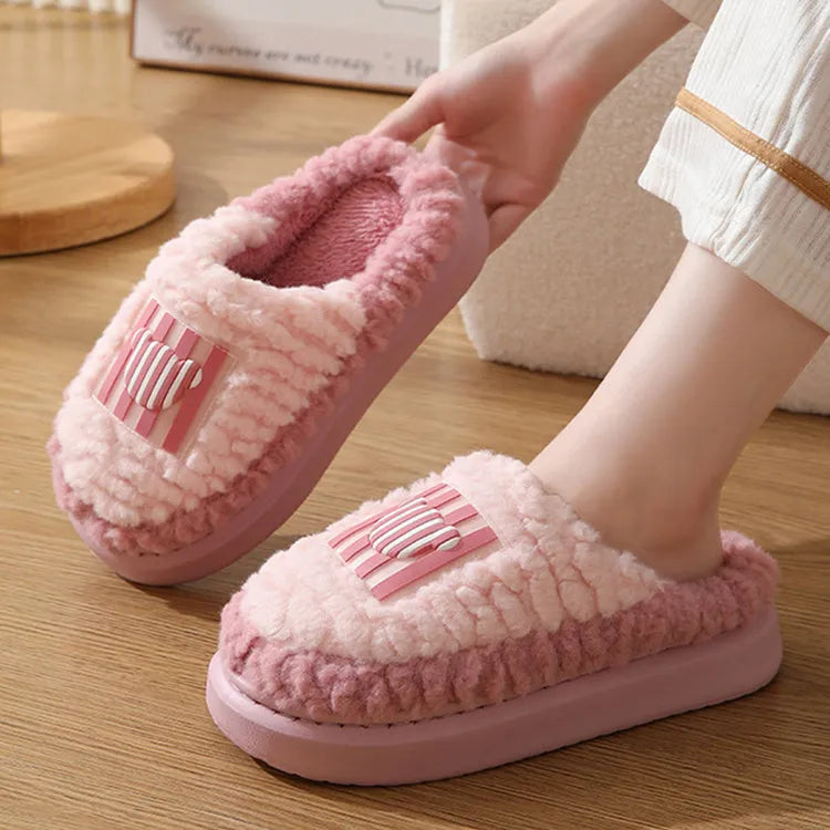 Lamb wool non-slip indoor slippers for couples in winter, thick sole with car stitching