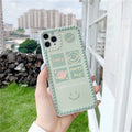 Green iPhone case with geometric smiley face and polka dot patterns, slim TPU back cover design