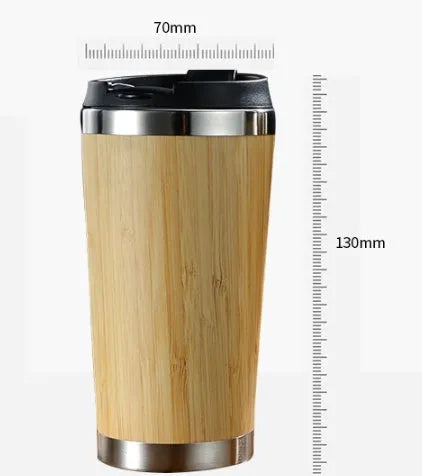 Bamboo coffee cup with stainless steel double wall insulation, 420ml capacity, leak-proof lid and foam pad
