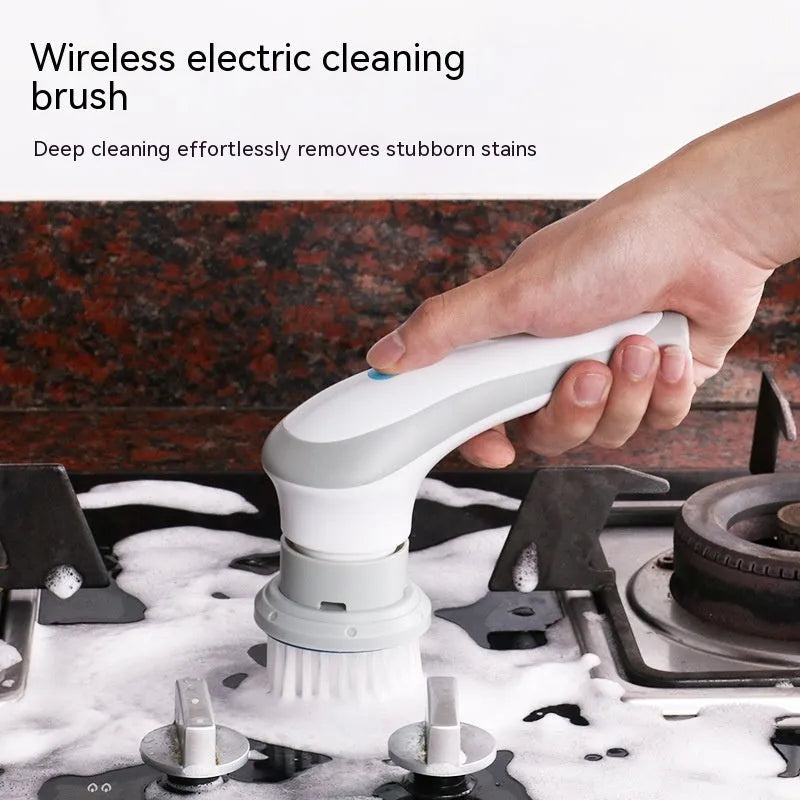 White cordless electric cleaning brush with four brush heads for shower tile and floor cleaning