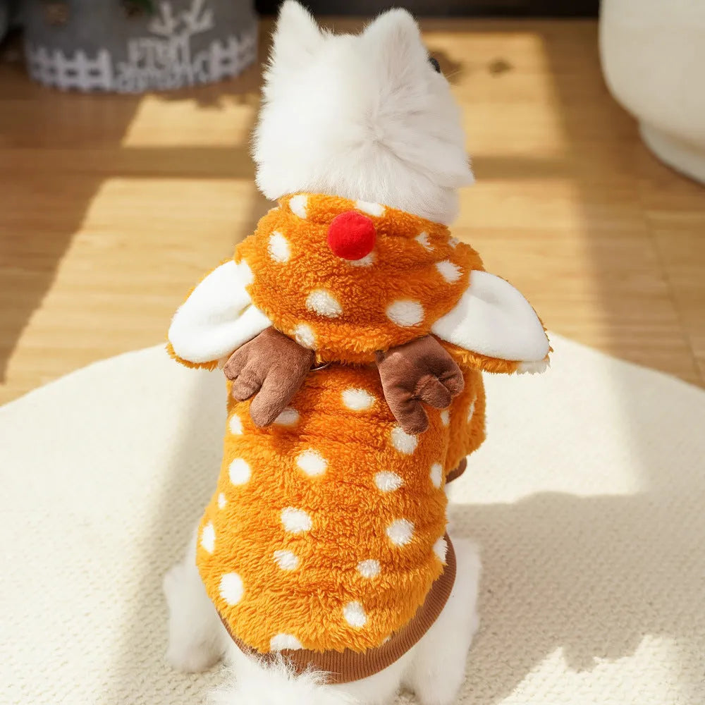 Elk-themed fleece-lined red Christmas costume on a medium-sized dog