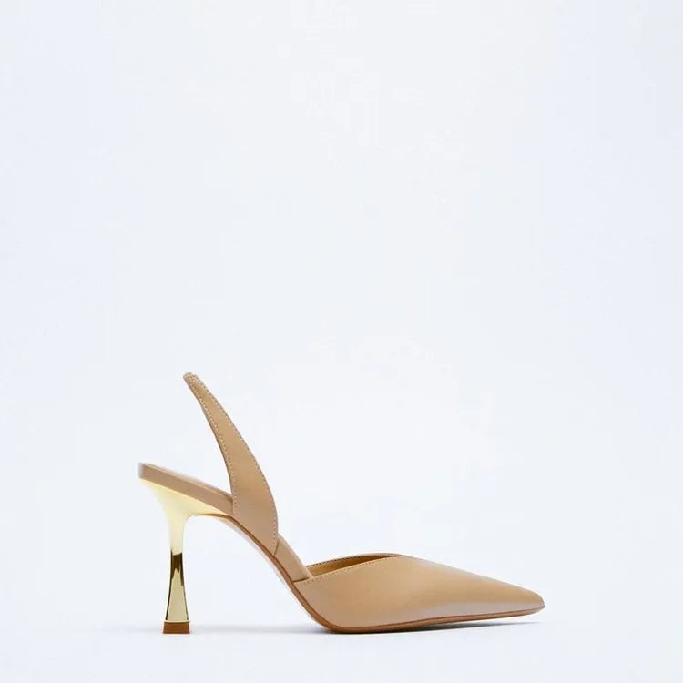 Apricot and black patent leather pointed toe high heels for women with a shallow mouth design.