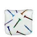 Black square golf putter protective sleeve with white rocket pattern design.
