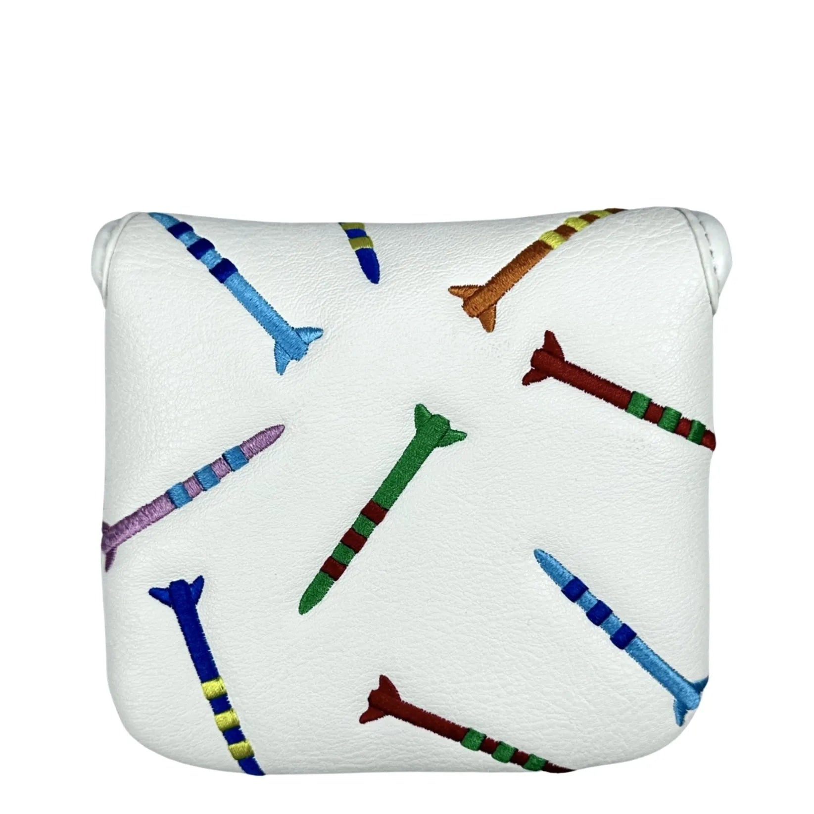 Black square golf putter protective sleeve with white rocket pattern design.