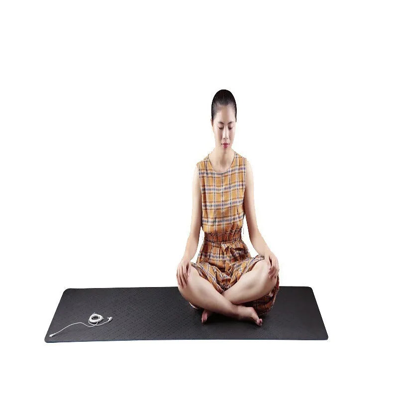 Blue conductive grounding yoga mat with floral pattern, showing grounding wire and 182cm x 61cm x 5mm dimensions.