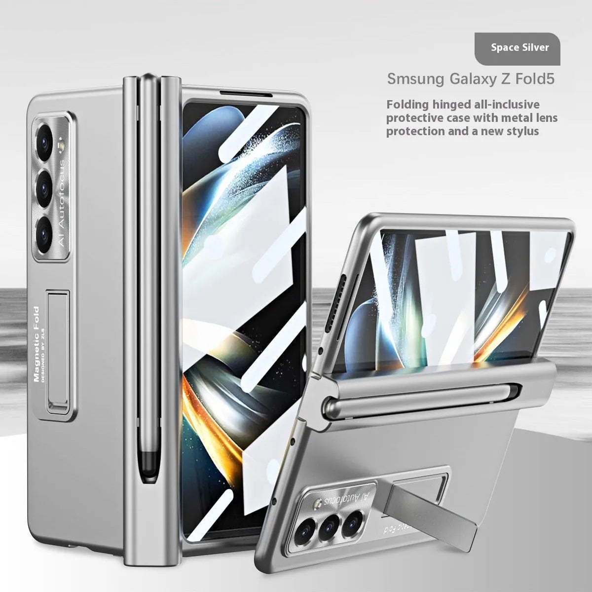 Magnetic suction phone case for Samsung Z Fold5 with hinge cover and bracket in ice lake blue