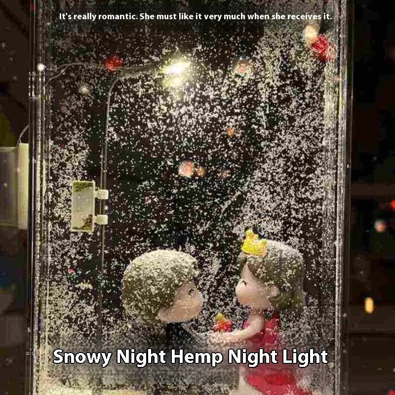 DIY kit for assembling a snowy landscape night light with LED effects on a desktop.